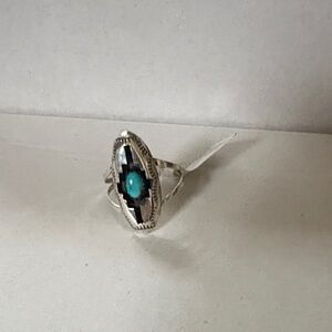 Navajo Felix Perry Shadowbox Sterling Silver and & Kingman Turquoise Ring 7.75